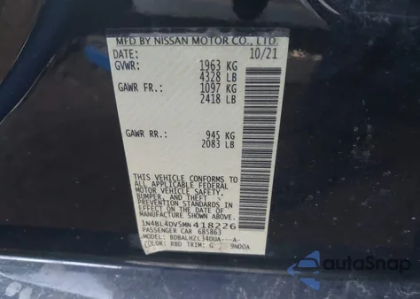 2021 Nissan Altima Sv z USA, uszkodzony, nr VIN 1N4BL4DV5MN418226